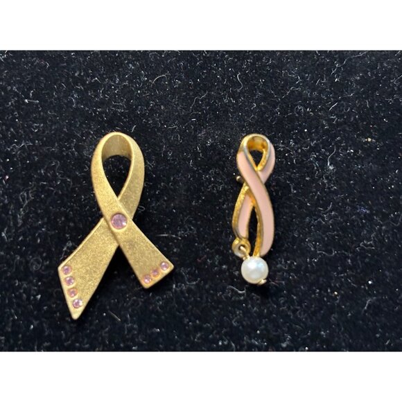 Gold & Pink Ribbon Lapel Pins Set Of 2 With Rhinestones & Pearl Accents - Picture 1 of 6